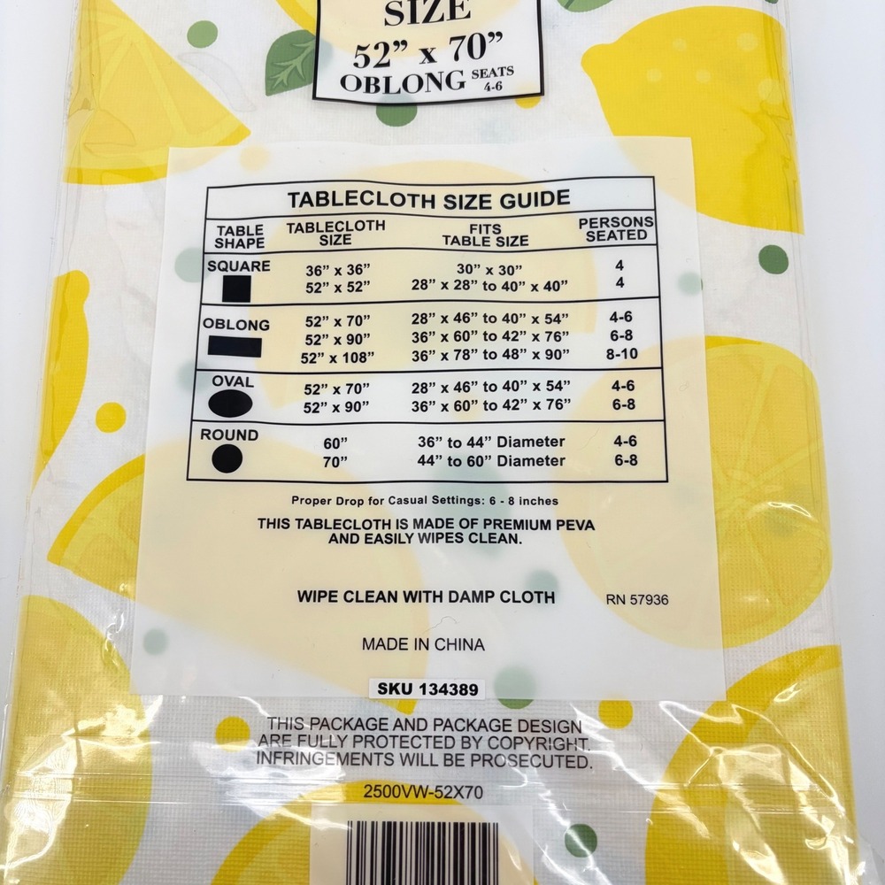 Better Home Tablecloth Lemon Fruit Print PEVA Flannel Back Summer 52x70 - Picture 3 of 4